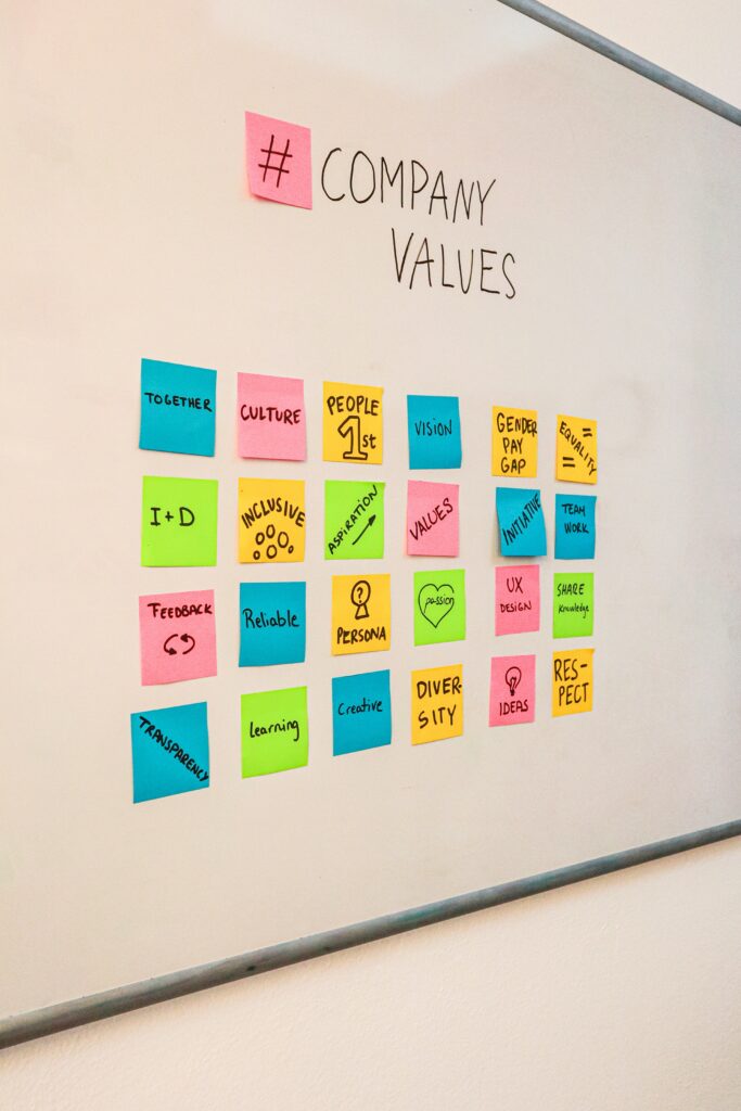 a white board with post it notes showing company goals and values.